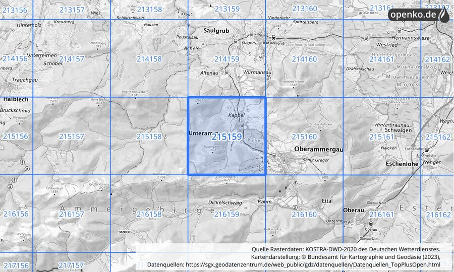 Übersichtskarte des KOSTRA-DWD-2020-Rasterfeldes Nr. 215159