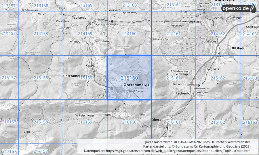 Übersichtskarte des KOSTRA-DWD-2020-Rasterfeldes Nr. 215160