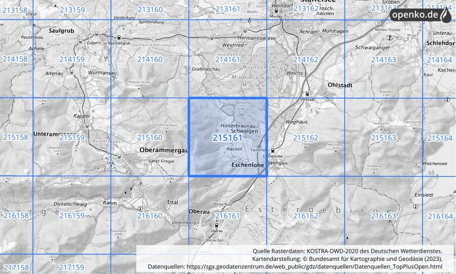 Übersichtskarte des KOSTRA-DWD-2020-Rasterfeldes Nr. 215161