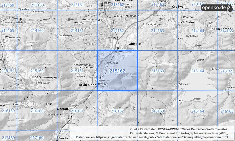 Übersichtskarte des KOSTRA-DWD-2020-Rasterfeldes Nr. 215162