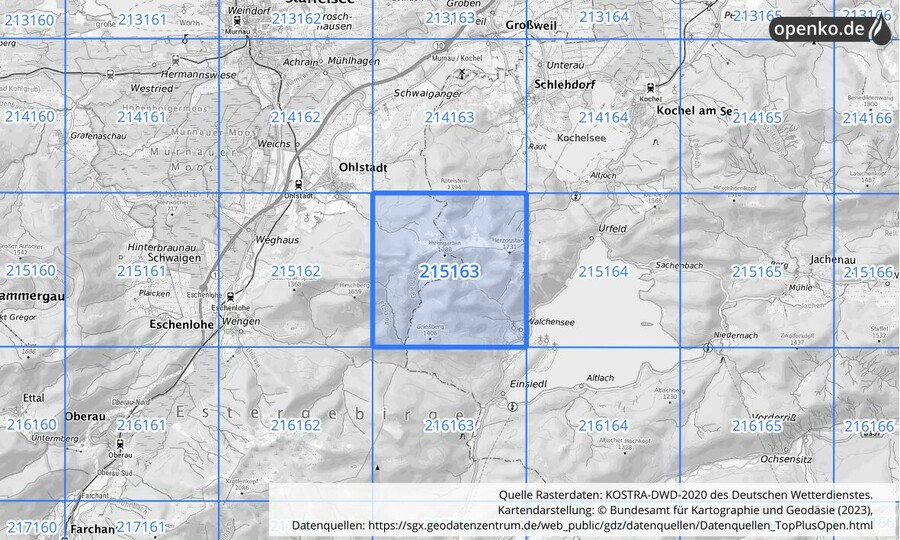 Übersichtskarte des KOSTRA-DWD-2020-Rasterfeldes Nr. 215163