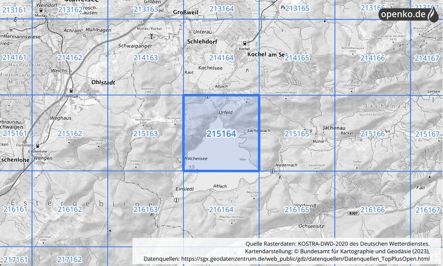 Übersichtskarte des KOSTRA-DWD-2020-Rasterfeldes Nr. 215164