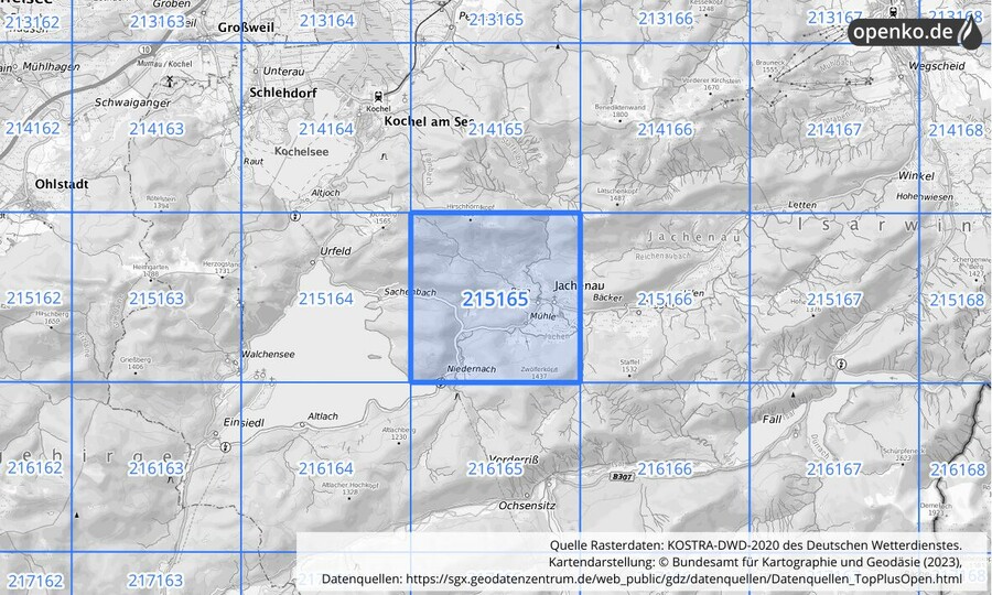 Übersichtskarte des KOSTRA-DWD-2020-Rasterfeldes Nr. 215165