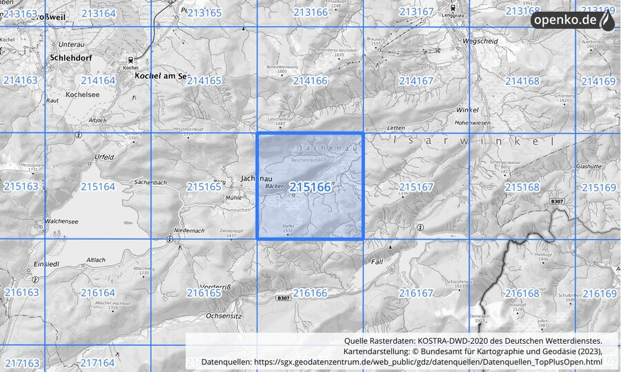 Übersichtskarte des KOSTRA-DWD-2020-Rasterfeldes Nr. 215166