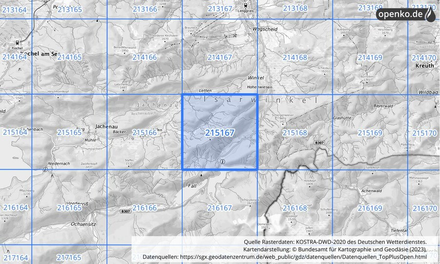 Übersichtskarte des KOSTRA-DWD-2020-Rasterfeldes Nr. 215167