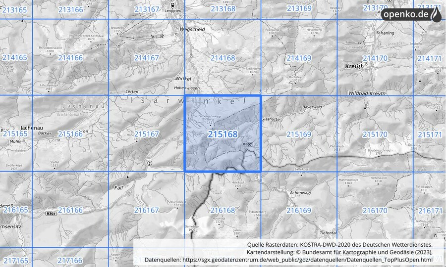 Übersichtskarte des KOSTRA-DWD-2020-Rasterfeldes Nr. 215168
