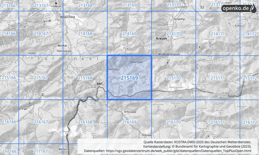 Übersichtskarte des KOSTRA-DWD-2020-Rasterfeldes Nr. 215169