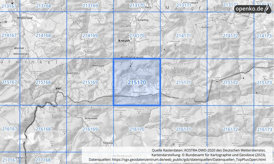 Übersichtskarte des KOSTRA-DWD-2020-Rasterfeldes Nr. 215170
