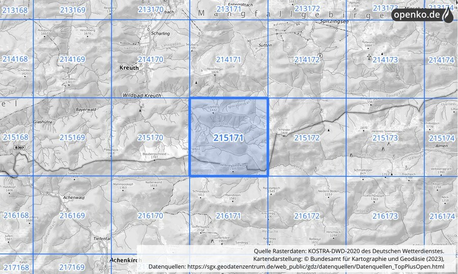 Übersichtskarte des KOSTRA-DWD-2020-Rasterfeldes Nr. 215171