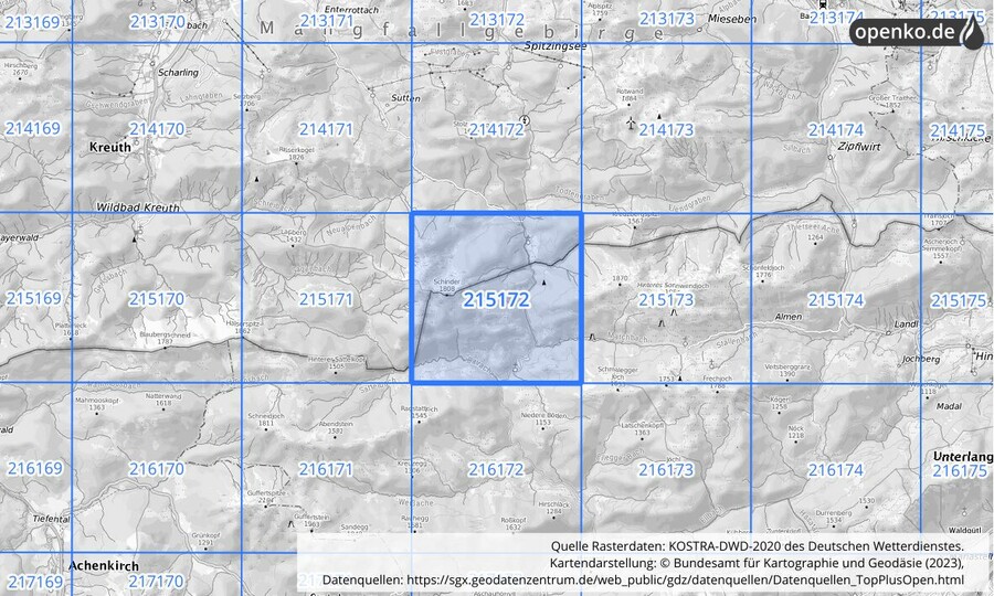 Übersichtskarte des KOSTRA-DWD-2020-Rasterfeldes Nr. 215172