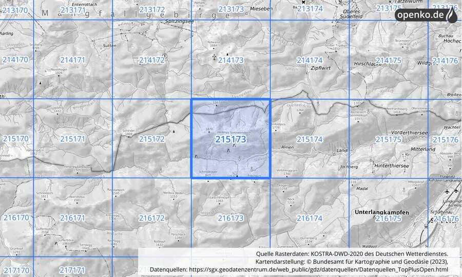 Übersichtskarte des KOSTRA-DWD-2020-Rasterfeldes Nr. 215173
