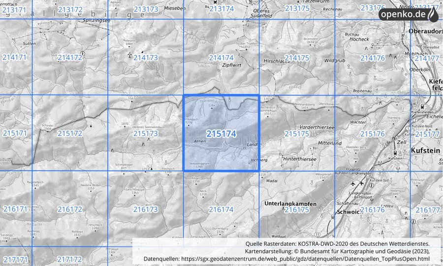 Übersichtskarte des KOSTRA-DWD-2020-Rasterfeldes Nr. 215174