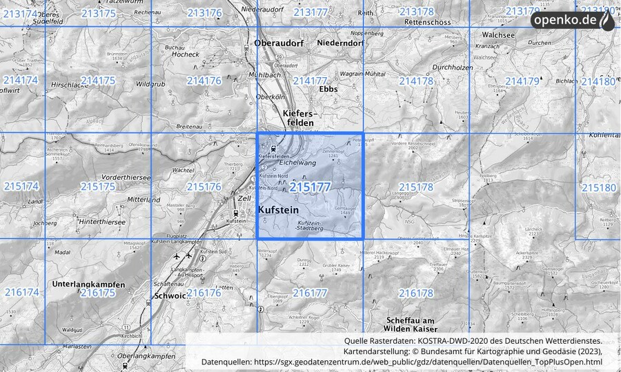 Übersichtskarte des KOSTRA-DWD-2020-Rasterfeldes Nr. 215177