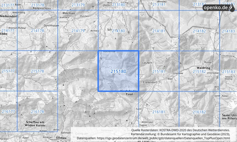 Übersichtskarte des KOSTRA-DWD-2020-Rasterfeldes Nr. 215180