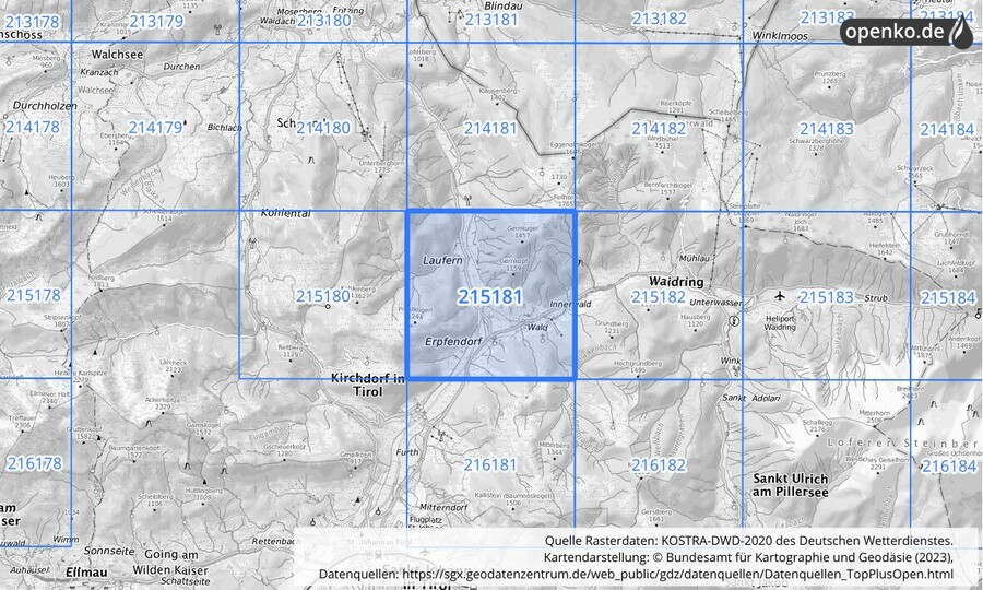 Übersichtskarte des KOSTRA-DWD-2020-Rasterfeldes Nr. 215181