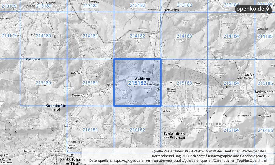 Übersichtskarte des KOSTRA-DWD-2020-Rasterfeldes Nr. 215182