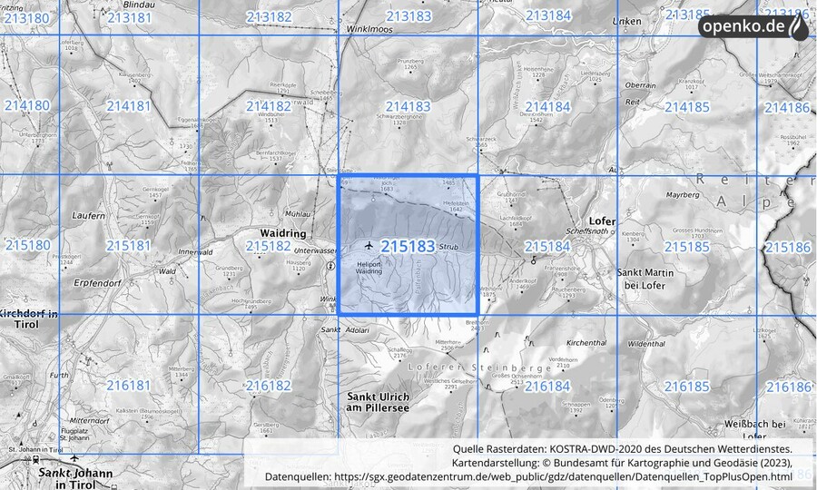 Übersichtskarte des KOSTRA-DWD-2020-Rasterfeldes Nr. 215183