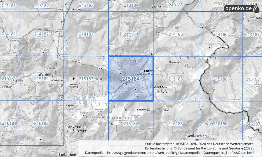 Übersichtskarte des KOSTRA-DWD-2020-Rasterfeldes Nr. 215184