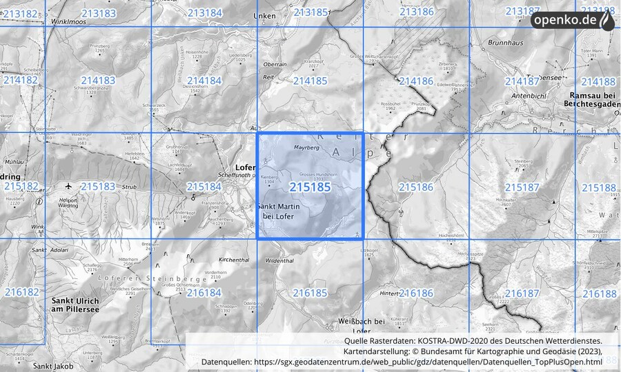 Übersichtskarte des KOSTRA-DWD-2020-Rasterfeldes Nr. 215185