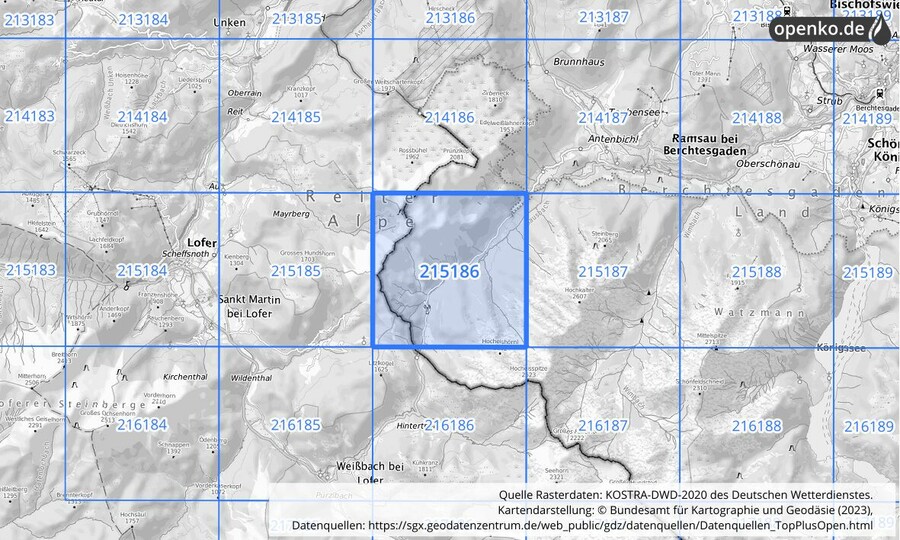 Übersichtskarte des KOSTRA-DWD-2020-Rasterfeldes Nr. 215186