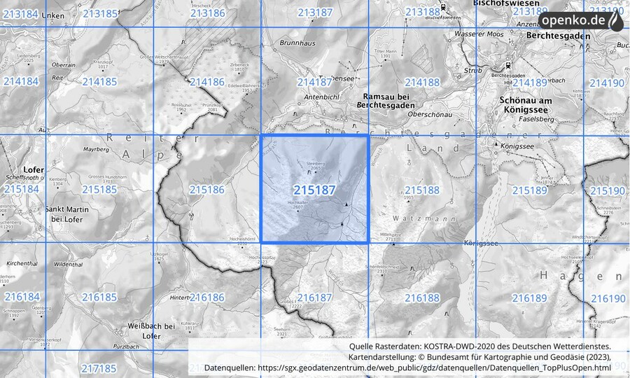 Übersichtskarte des KOSTRA-DWD-2020-Rasterfeldes Nr. 215187