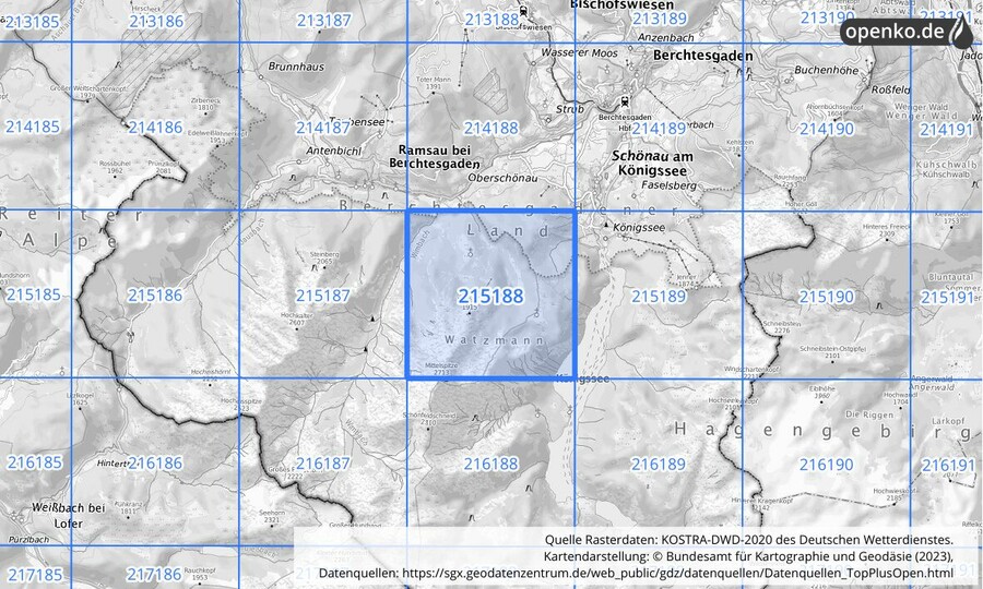 Übersichtskarte des KOSTRA-DWD-2020-Rasterfeldes Nr. 215188