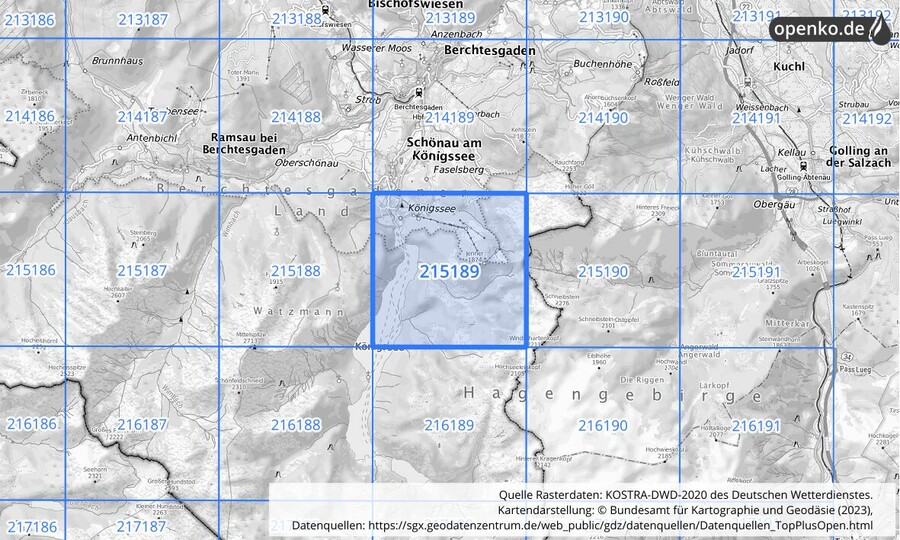 Übersichtskarte des KOSTRA-DWD-2020-Rasterfeldes Nr. 215189