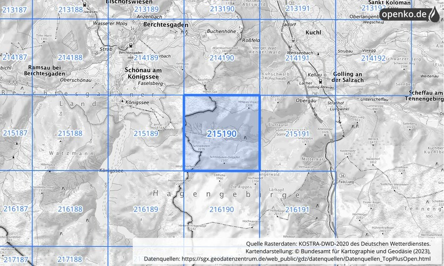 Übersichtskarte des KOSTRA-DWD-2020-Rasterfeldes Nr. 215190