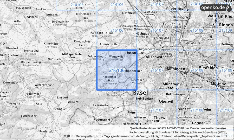 Übersichtskarte des KOSTRA-DWD-2020-Rasterfeldes Nr. 216106