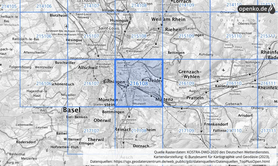 Übersichtskarte des KOSTRA-DWD-2020-Rasterfeldes Nr. 216108