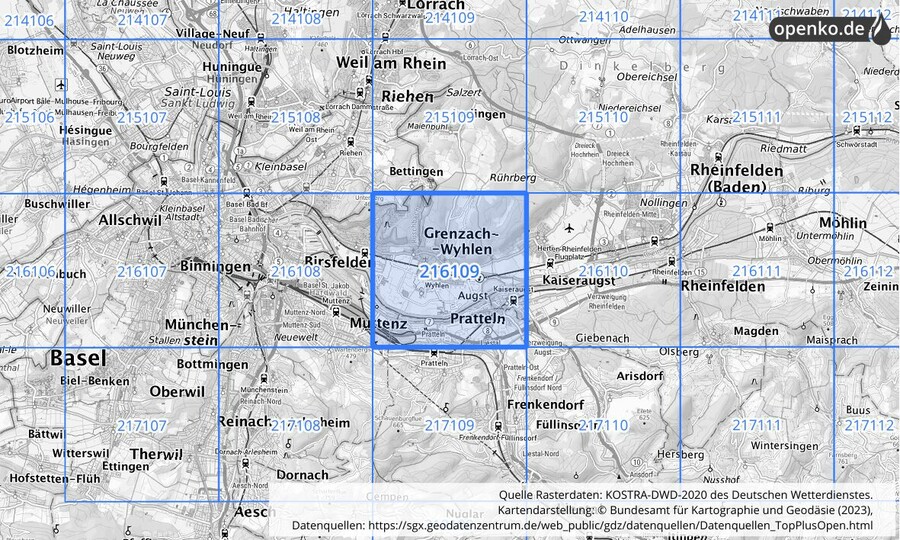 Übersichtskarte des KOSTRA-DWD-2020-Rasterfeldes Nr. 216109