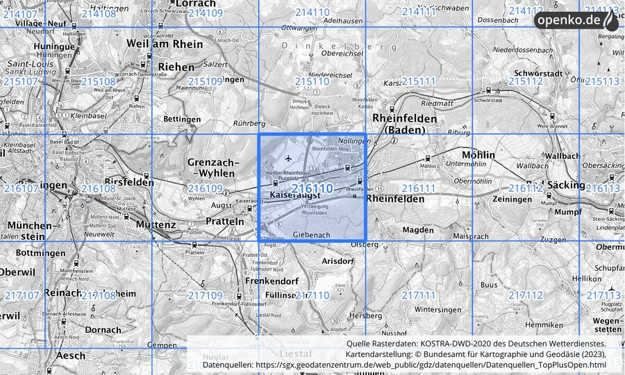 Übersichtskarte des KOSTRA-DWD-2020-Rasterfeldes Nr. 216110