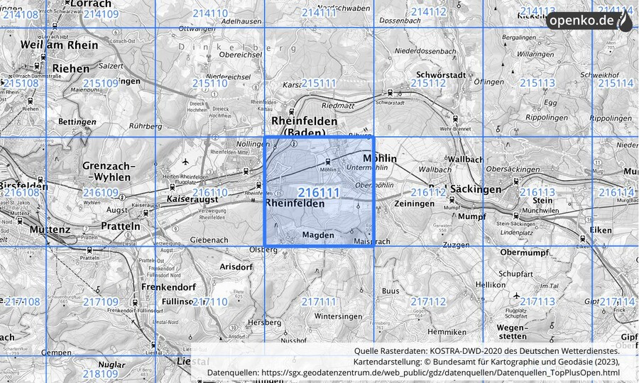 Übersichtskarte des KOSTRA-DWD-2020-Rasterfeldes Nr. 216111