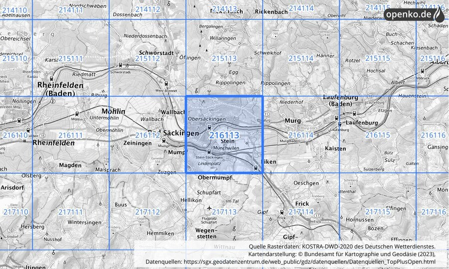Übersichtskarte des KOSTRA-DWD-2020-Rasterfeldes Nr. 216113