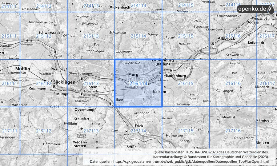 Übersichtskarte des KOSTRA-DWD-2020-Rasterfeldes Nr. 216114