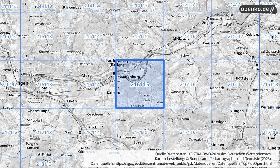 Übersichtskarte des KOSTRA-DWD-2020-Rasterfeldes Nr. 216115