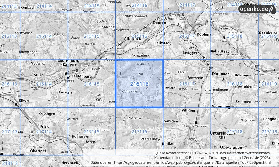 Übersichtskarte des KOSTRA-DWD-2020-Rasterfeldes Nr. 216116