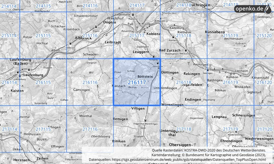 Übersichtskarte des KOSTRA-DWD-2020-Rasterfeldes Nr. 216117