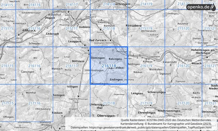 Übersichtskarte des KOSTRA-DWD-2020-Rasterfeldes Nr. 216118