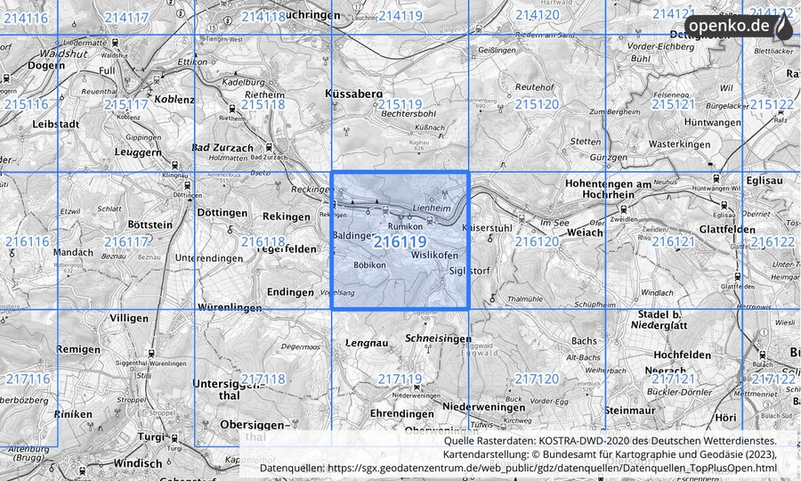 Übersichtskarte des KOSTRA-DWD-2020-Rasterfeldes Nr. 216119