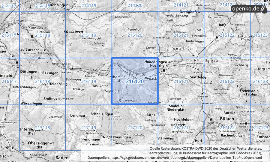 Übersichtskarte des KOSTRA-DWD-2020-Rasterfeldes Nr. 216120