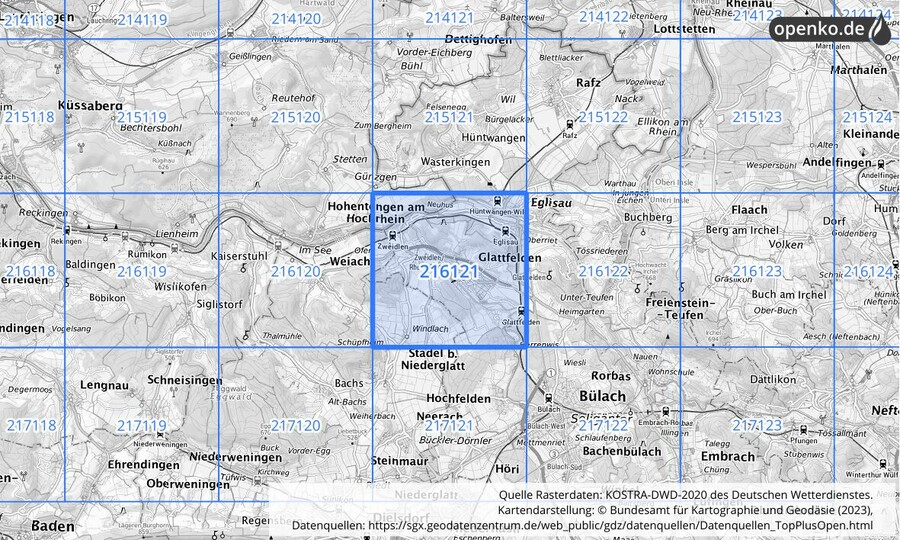 Übersichtskarte des KOSTRA-DWD-2020-Rasterfeldes Nr. 216121