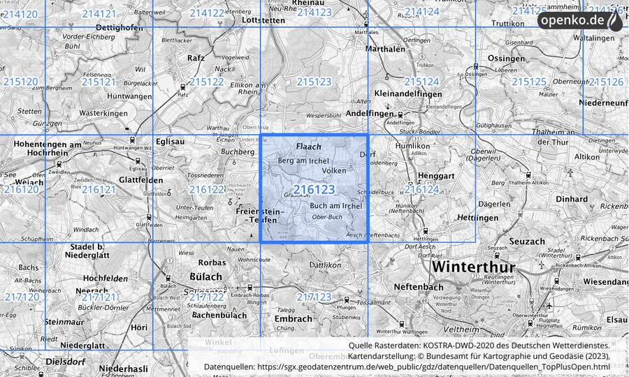 Übersichtskarte des KOSTRA-DWD-2020-Rasterfeldes Nr. 216123