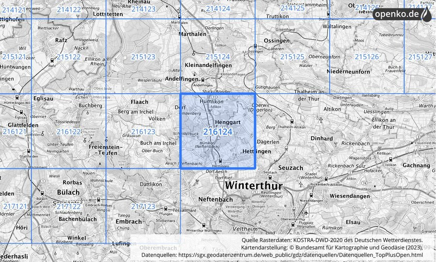 Übersichtskarte des KOSTRA-DWD-2020-Rasterfeldes Nr. 216124