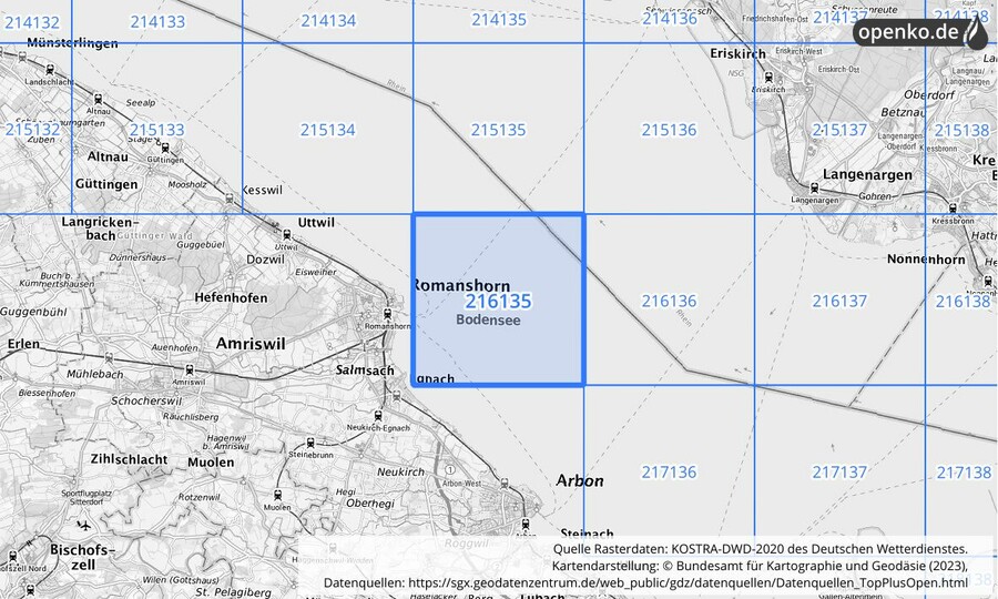 Übersichtskarte des KOSTRA-DWD-2020-Rasterfeldes Nr. 216135