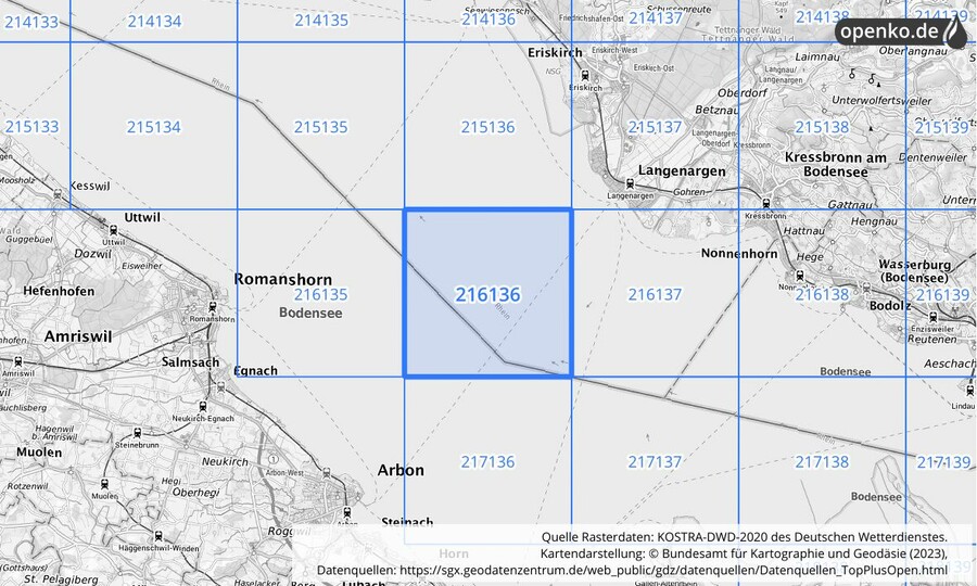 Übersichtskarte des KOSTRA-DWD-2020-Rasterfeldes Nr. 216136