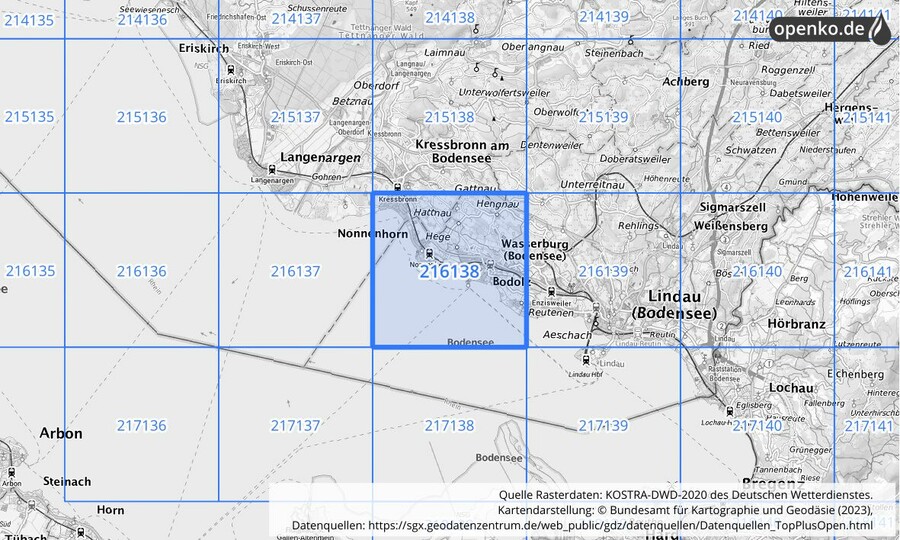 Übersichtskarte des KOSTRA-DWD-2020-Rasterfeldes Nr. 216138