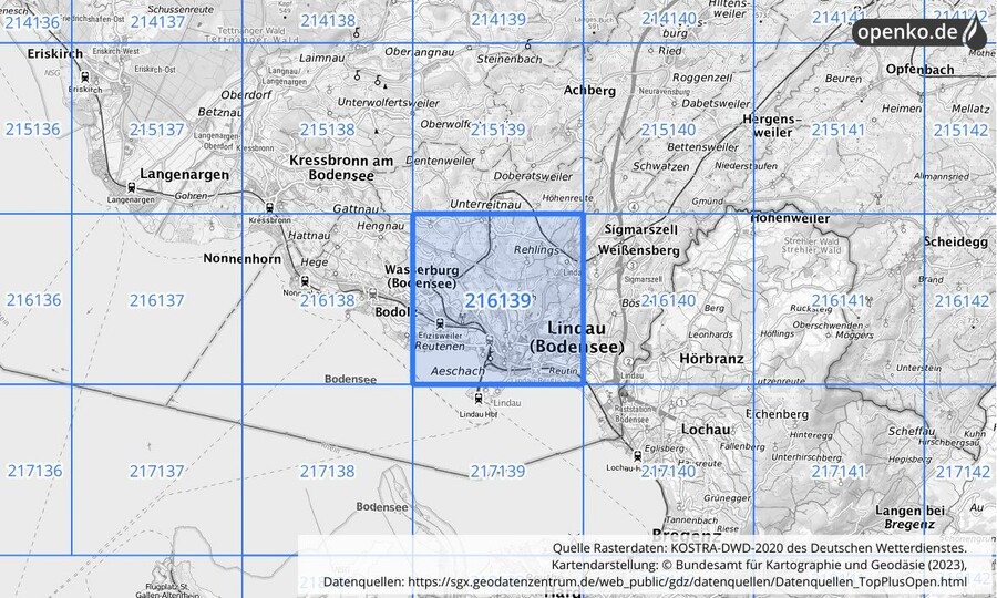 Übersichtskarte des KOSTRA-DWD-2020-Rasterfeldes Nr. 216139