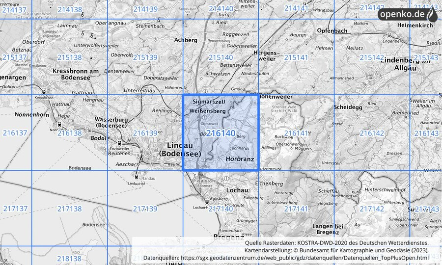 Übersichtskarte des KOSTRA-DWD-2020-Rasterfeldes Nr. 216140