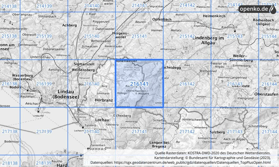 Übersichtskarte des KOSTRA-DWD-2020-Rasterfeldes Nr. 216141